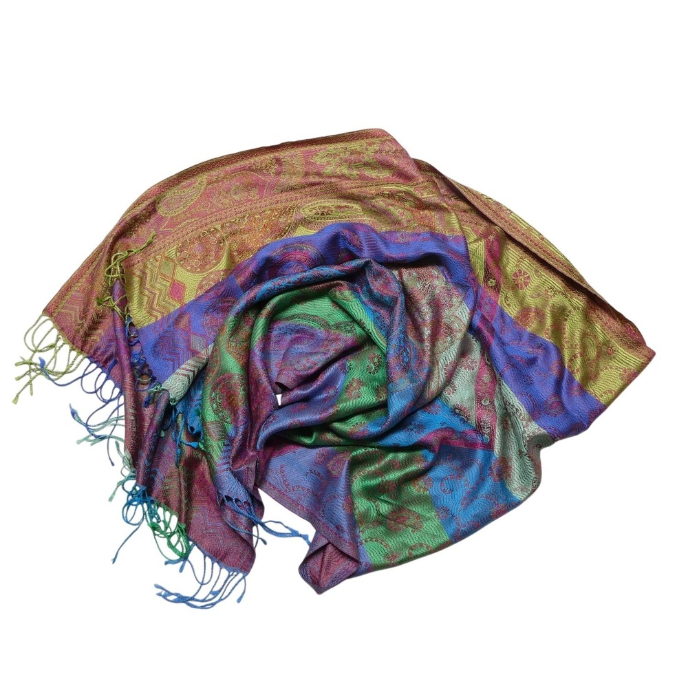 Silk Scarf Womens One Size Multicolor Paisley Rectangle Fringe Made In India